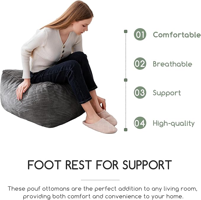 HIGOGOGO Square Stuffed Pouf Ottoman, Corduroy Poufs with Foam Chunk Filling, Furry and Fluffy Pouf Foot Stool Storage Ottoman, 25.6 X 25.6 Floor Poufs Foot Rest for Living Room, Dark Grey