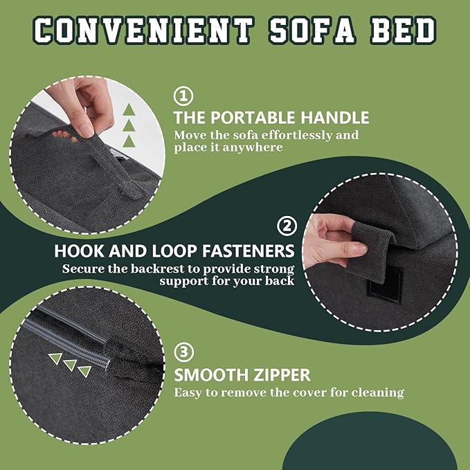jela Foldable Sofa Bed Soft Foam Convertible Sleeper Chair Luxury Miss Fabric Fold Out Chair Bed Floor Couch with Back Support Floor Sofa for Living Room Bedroom (Twin,Dark Gray)