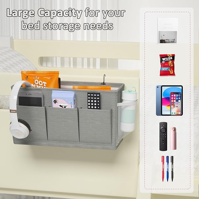 Dual-purpose Bedside Caddy Bedside Organizer, Bed Caddy with 6 Pockets, Versatile Bedside Storage Solution Magazine Remotes holder, ideal for Home, Dorm, Hospital, Crib Bed (Grey)