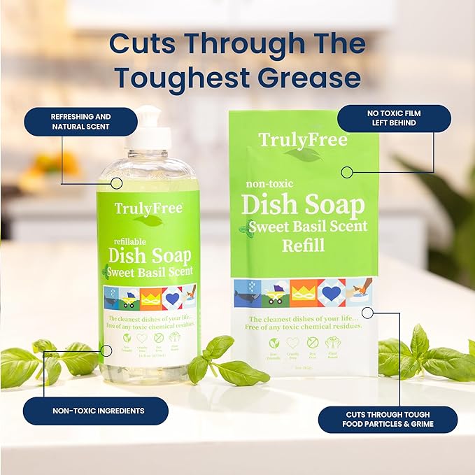 Natural Concentrated Dish Detergent Dishwashing Liquid | Plant-Based Dish Soap | Sweet Basil Fresh Scent | Pack of 3