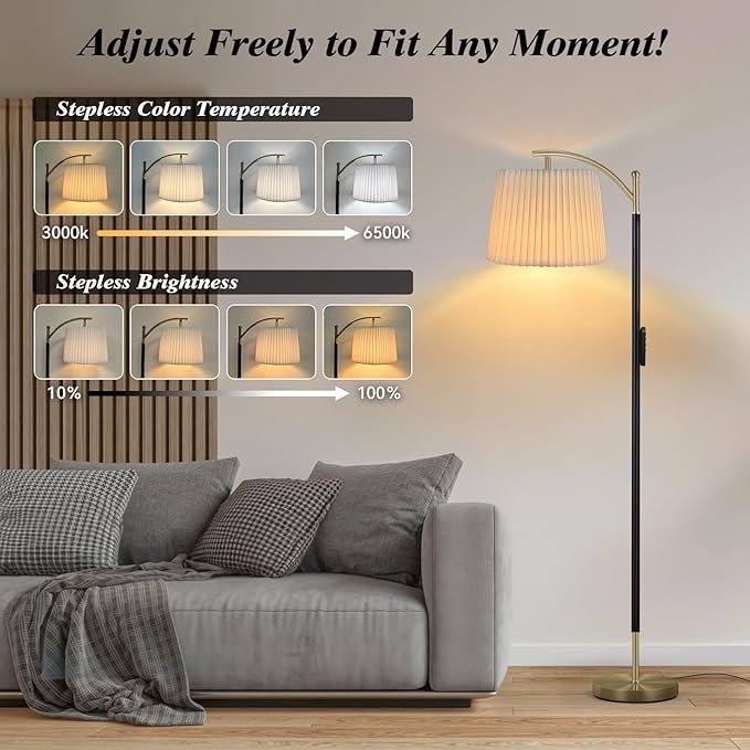 Floor Lamp, LED Floor Lamp with APP & Remote & Touch Control, Stepless Color Temperatures and Brightness, Tall Standing Lamp with Pleated Lampshade for Living Room, Bedroom, Office(Black Gold)