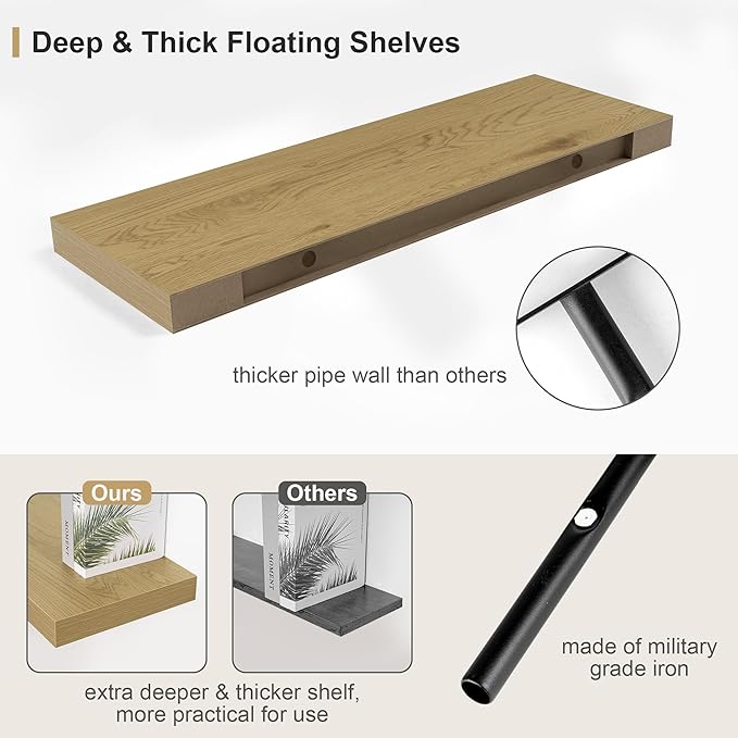 12" Deep Oak Floating Shelves,Over Toilet Long Wall Mounted Modern Farmhouse 36 inches,Wall Shelves with Invisible Brackets for Bedroom, Bathroom, Living Room, Kitchen, Set of 1