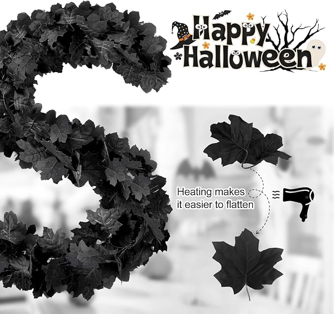 Joyhalo 6 Pack 5.7FT Black Maple Leaf Garland,Halloween Artificial Hanging Black Vines,Halloween Outdoor Garland for Mantle,Door Frame,Fireplace and Thanksgiving Decor