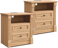 26" Tall Farmhouse Nightstand Set of 2, 2 Drawers End Table w/Charging Station, 23.6" Wide Large Side Tables w/Roman Column, Wood Rustic Sofa Tables w/Open Shelf, Bedside Table for Bedroom, Natrual