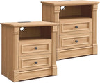 26" Tall Farmhouse Nightstand Set of 2, 2 Drawers End Table w/Charging Station, 23.6" Wide Large Side Tables w/Roman Column, Wood Rustic Sofa Tables w/Open Shelf, Bedside Table for Bedroom, Natrual