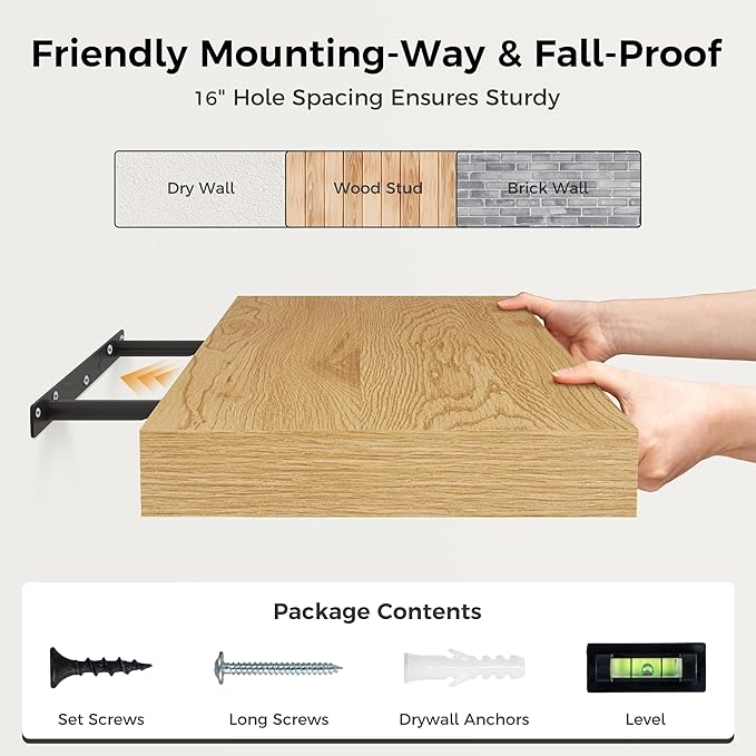 Fun Memories 72 Inch Floating Shelf, 12 Inch Deep Wall Shelf for Fireplace Mantel, Deep Storage Shelves for Home & Office, Wall Shelves with Invisible Bracket, Oak, Set of 1