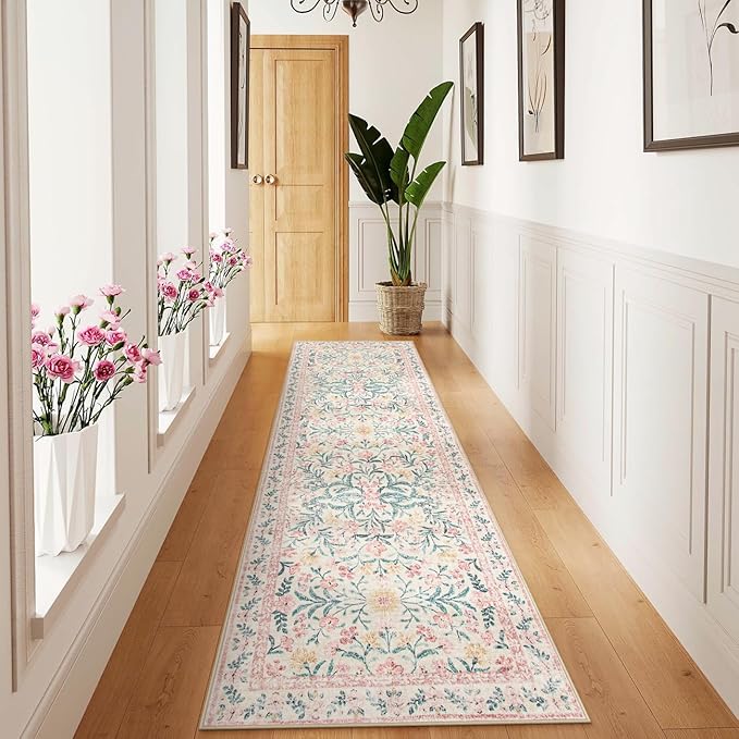 Wonnitar Floral Washable Runner Rug, 2'6"x8' Runners for Hallways Pink Rugs for Entryway Bedroom, Boho Non Slip Soft 8ft Long Carpet for Kitchen Bathroom Laundry