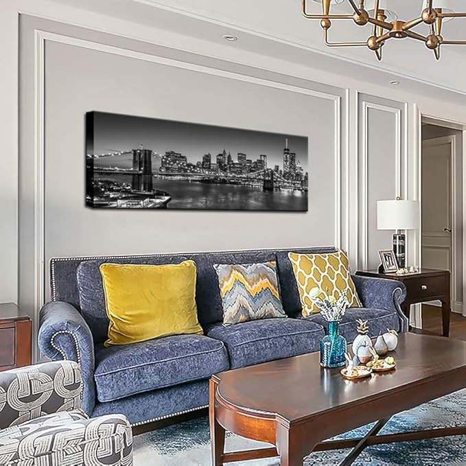 Biuteawal - Black and White Brooklyn Bridge Canvas Wall Art New York City Picture Print Manhattan Night Skyline Painting on Canvas Modern Home Office Wall Decoration Ready to Hang