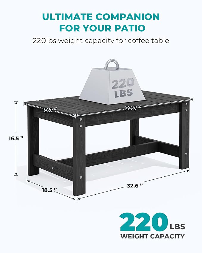 SERWALL Outdoor Coffee Table, HDPE Patio Coffee Table for Outside, Rectangle, Black