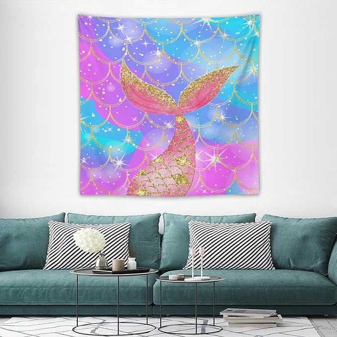 HZOHNAGO Mermaid Scales Tapestry Colorful Shiny Scales Mermaid Tail Pattern Printed Wall Tapestry Wall Hanging for Bedroom Living Room Dorm 60" W x 60" H