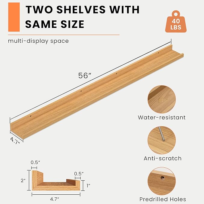 Heimlove Picture Ledge Shelf, Floating Shelves Set of 2, 56 Inches Picture Shelf for Wall with Ledge, Kids Bookshelf Wall Mounted for Living Room Bedroom Decor Books Photo Frames, Natural Oak