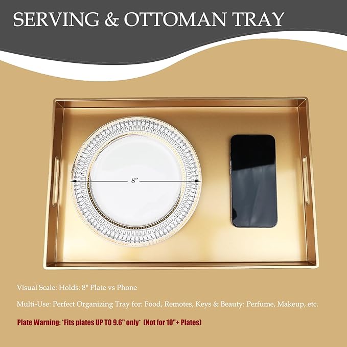 Spsyrine Gold Decorative Serving Tray with Handles, Elegant Plastic Coffee Table Tray for Ottoman, Living Room, Home Decor 15.6" X 10.2"