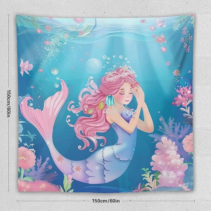 HZOHNAGO Mermaid Girls Tapestry Watercolor Flowers Mermaid Princess Blessing Pattern for Kids Room Decoration Printed Wall Tapestry Wall Hanging for Bedroom Living Room Dorm 60" W x 60" H