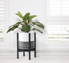 D'vine Dev Ceramic Planter with Ebony Stand - 10 Inch Modern Round Flower Pot with Wood Planter Holder, White/Grey, 55-B-L-6