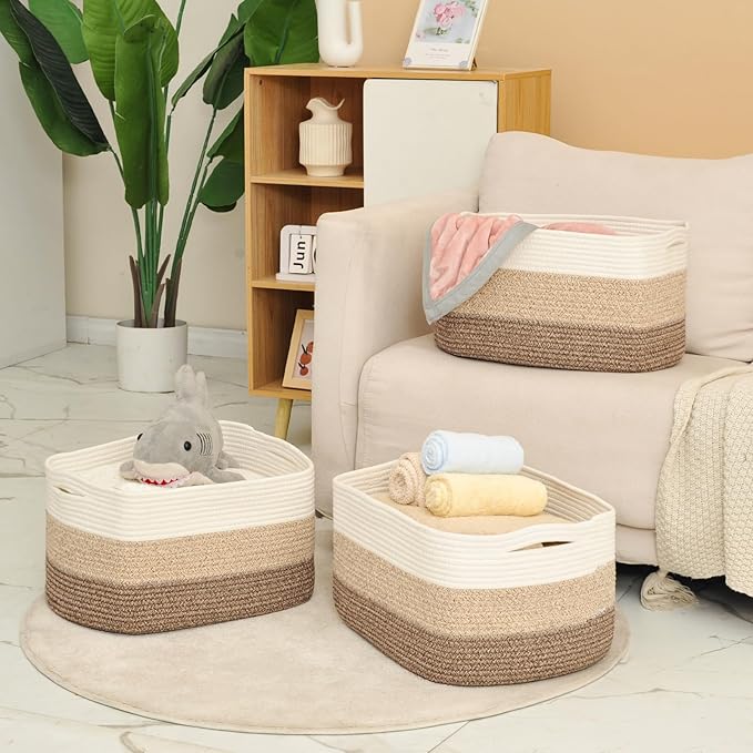 Large Storage Baskets for Organizing Shelves, Woven Cotton Rope Bins for Baby Nursery Organization, Book Toy Towel Organizer, 17"x13"x9.5", 3 Packs, Gradient Brown