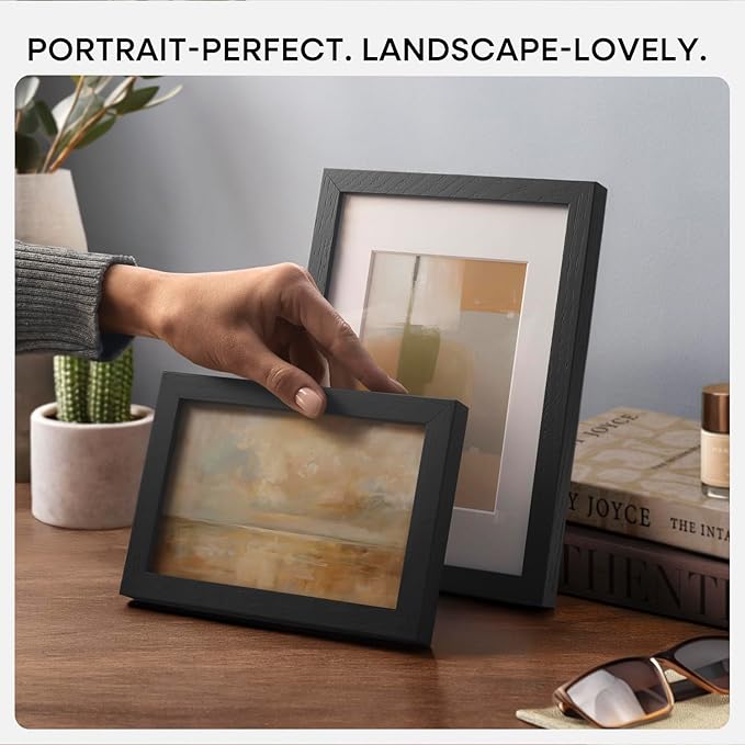 Homeforia A5 Picture Frame Black Wood, High-End Oak 5.8x8.3 Frame Matted to 4.1x5.8 inch Photo, A5 Size Walnut Wooden Frames with Mat A6 for Print, 5.8 by 8.3 Frame, Tempered Glass, Wall Kit, Set of 1