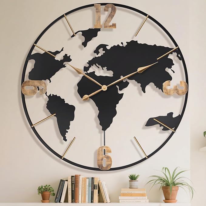 36 Inch Oversized Giant Extra Large Modern Decorative Metal World Map Wall Clock,Big Vintage Gold Arabic Numeral Wall Clocks for Living Room,Entryway,Office,Fireplace,Dining Room