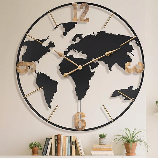 36 Inch Oversized Giant Extra Large Modern Decorative Metal World Map Wall Clock,Big Vintage Gold Arabic Numeral Wall Clocks for Living Room,Entryway,Office,Fireplace,Dining Room