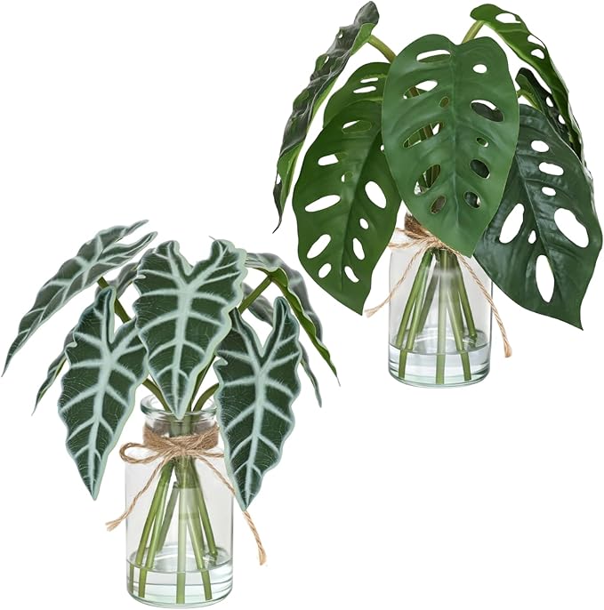 Artificial Flowers Turtle-Back, Alocasia Leaf, in Glass Vase with Faux Water,7Pcs Artificial Leaves Real Touch Latex Leaves for Centerpiece (2, Turtle-Back&Alocasia Leaves)