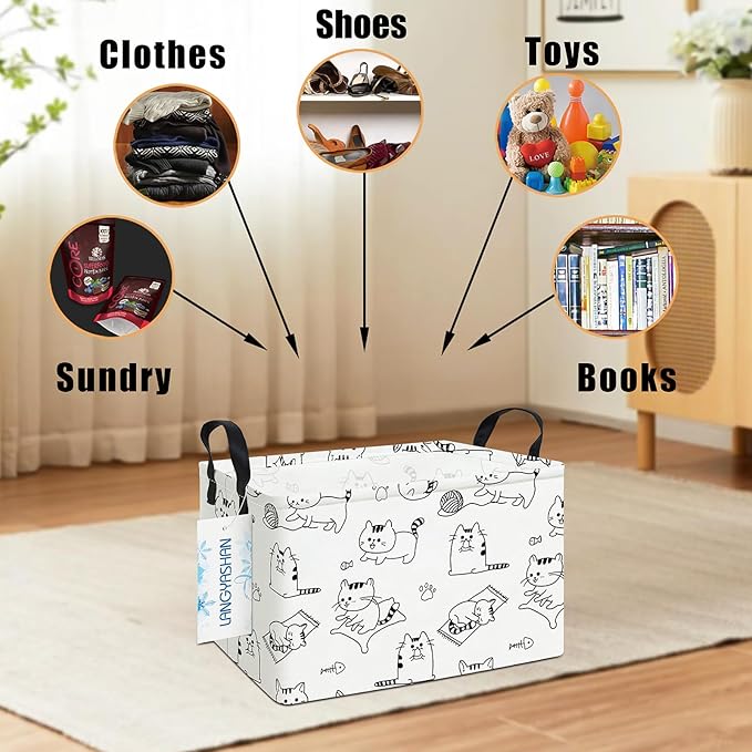 LANGYASHAN Rectangular Storage Bin Collapse Canvas Fabric Cartoon Storage Basket with Handles for Organizing Home Kitchen Boys and Girls Toys Office Closet Shelf Baskets (Rec Cat)