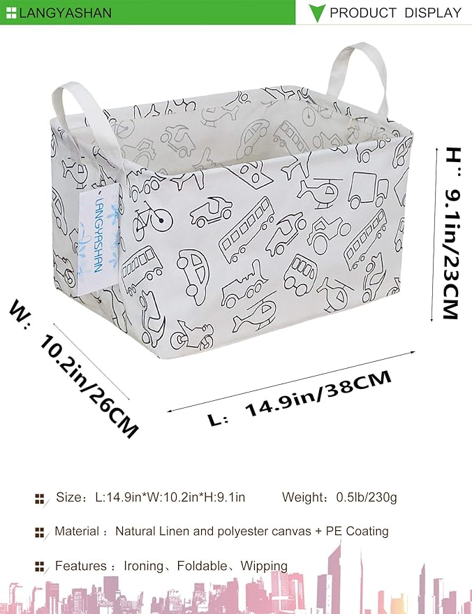 LANGYASHAN Rectangular Storage Bin Collapse Canvas Fabric Cartoon Storage Basket with Handles for Organizing Home Kitchen Boys and Girls Toys Office Closet Shelf Baskets (Rec Vehicle)