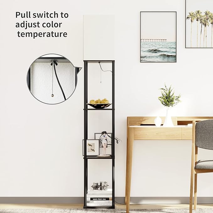 SUNMORY Floor Lamp with Shelves, Modern Square Standing Lamp with 3 Color Temperature Bulb, Corner Display Bookshelf Lamp for Living Room and Bedroom(Black)