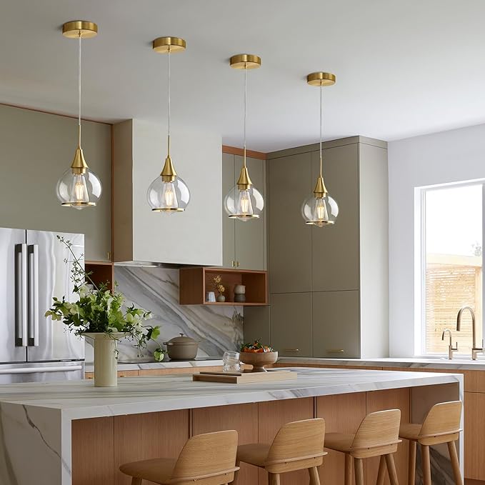 Pendant Light Fixtures Kitchen: 2 Pack Modern Gold Island Light with Clear Glass - 6 Inch Mid Century Globe Kitchen Lighting Chandeliers Ceiling for Foyer Bedroom