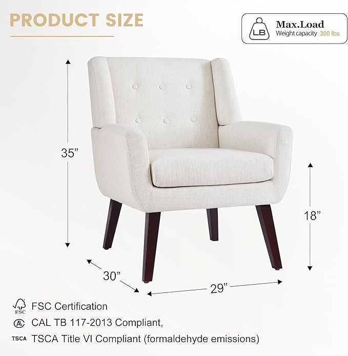 HUIMO Button-Tufted Accent Chairs Set of 2,Upholstered Reading Living Room Chair,Mid Century Modern Chair with Linen Fabric, Club Chair,Comfy Arm Chairs for Living Room,Bedroom,Beige