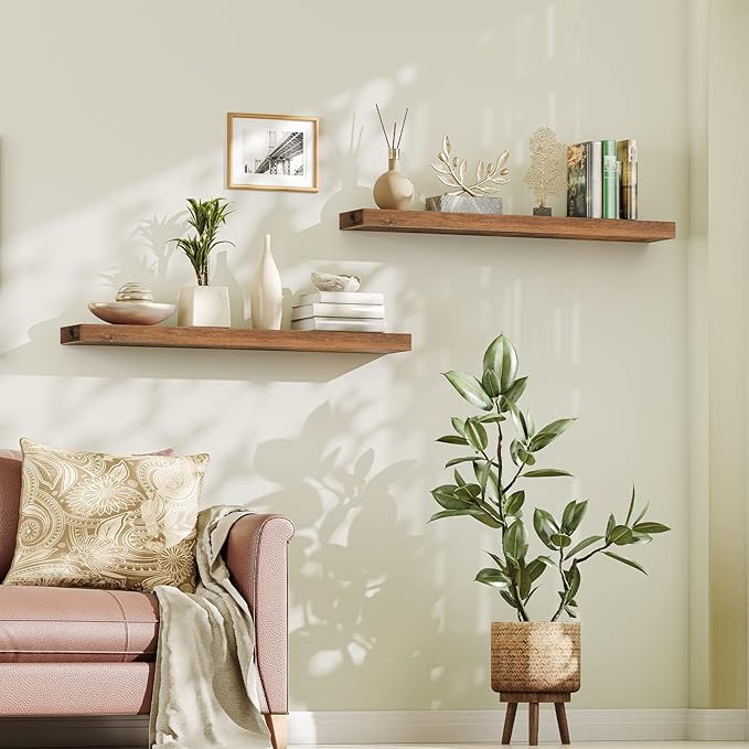 HOOBRO Floating Shelves for Wall, Wall Mounted Shelf Set of 2, 47.2" Hanging Shelf with Invisible Brackets, for Wall Bathroom, Bedroom, Toilet, Kitchen, Living Room, Office, Rustic Brown BF120BJP201