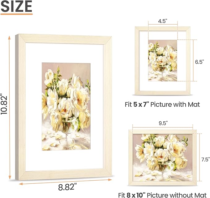 upsimples 8x10 Picture Frame, Natural Solid Wooden Picture Frames, Display 5x7 with Mat or 8 x 10 Without Mat, Wall or Tabletop, 1 Pack, White