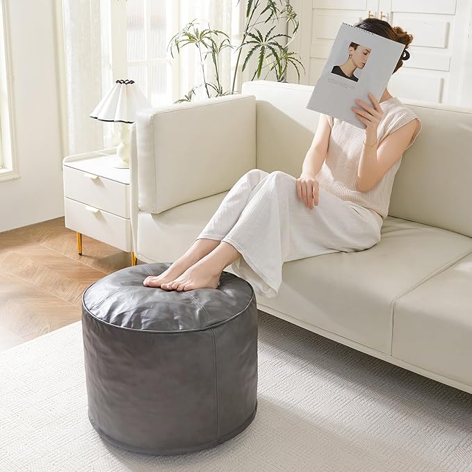 HIGOGOGO Round Stuffed Pouf Ottoman, Pu Leather Poufs with Foam Chunk Filling Foot Stool Storage Ottoman, 26 X 18 Floor Poufs Foot Rest for Living Room, Grey