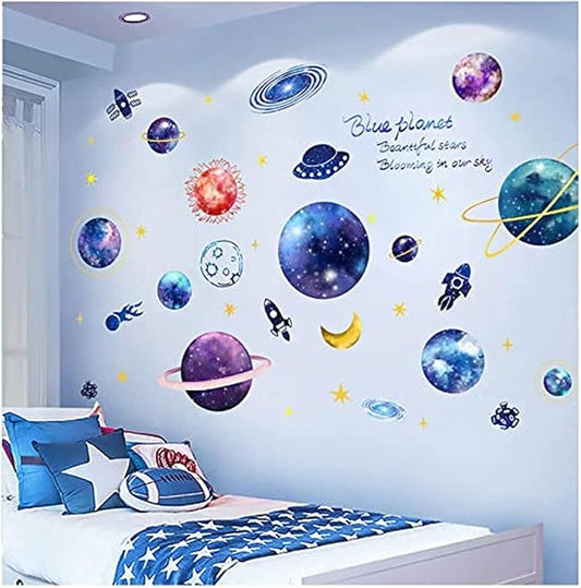 Quanhaigou Blue Purple Galaxy Wall Decals, Removable Sticker,The Art Magic 3D Milky Way Cosmic Stars Spacecraft Dreamscape Home Decor for Bedroom Living Room Floor Ceiling Kids Room