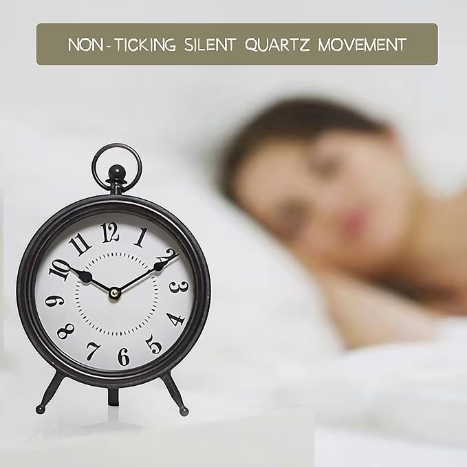 Vintage Decorative Desk and Shelf Clock, Rustic Mantel Clock Farmhouse Clock,Black Table Clock on Stand, Silent Non-Ticking 10.3 * 7.3 inch