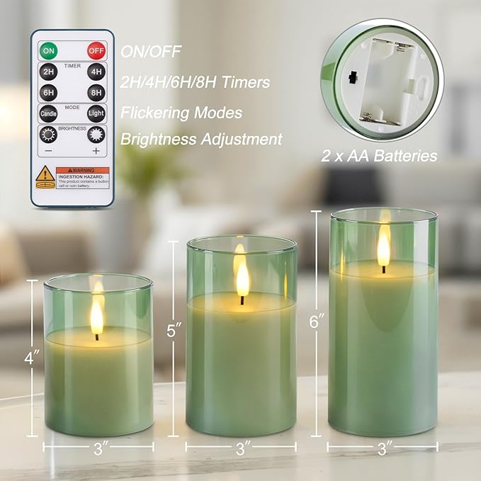 Homemory Green Glass Flameless Candles, Battery Operated LED Pillar Candles with Remote Control and Timer, Radiance Candles, Real Wax, Set of 3,D3 xH4 5" 6"