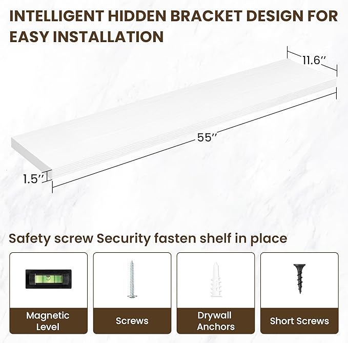 55 Inch Floating Shelves, 12 Inch Deep Floating Shelves for Wall, Floating Shelf with Invisible Brackets, 55 Inch Wide x 12 Inch Deep Wall Shelves for Bathroom, Bedroom, Living Room,1 Pack,White