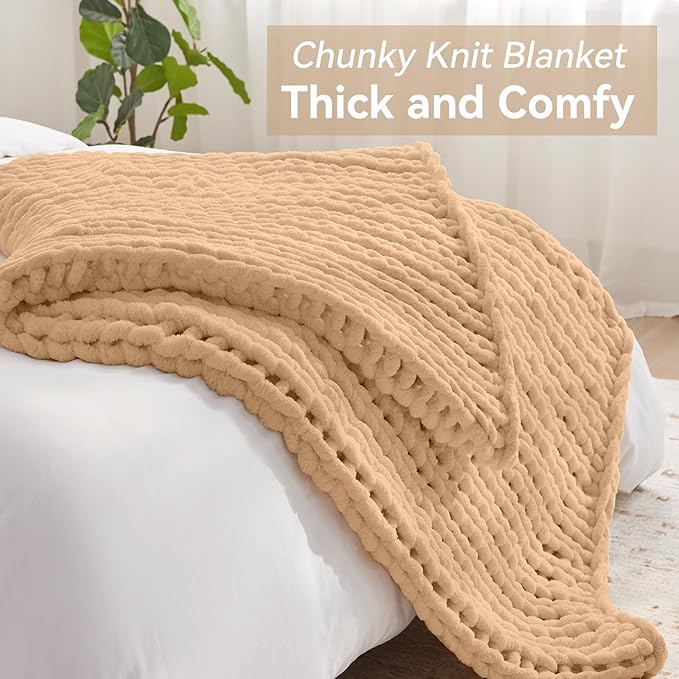 Chunky Knit Throw Blanket, 80''*90'' Knitted Throw Chenille Yarn for Bed Couch, Handmade Beige Crochet Big Thick Blanket, Machine Washable Cute Comfy Blanket for Home Decor