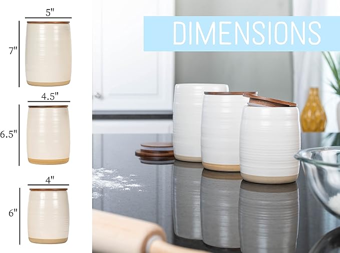 Nat & Jules Lidded Cream 6 inch Ceramic and Wood Kitchen Canisters Set of 3