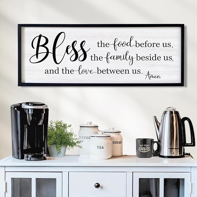 Bless the Food Before Us, the Family Beside Us, and the Love between us Framed Wall Art for Dining Room, 40''×15'' Holy Positive Religious Rustic Bible Verse for Christian God Jesus Christ Prayer