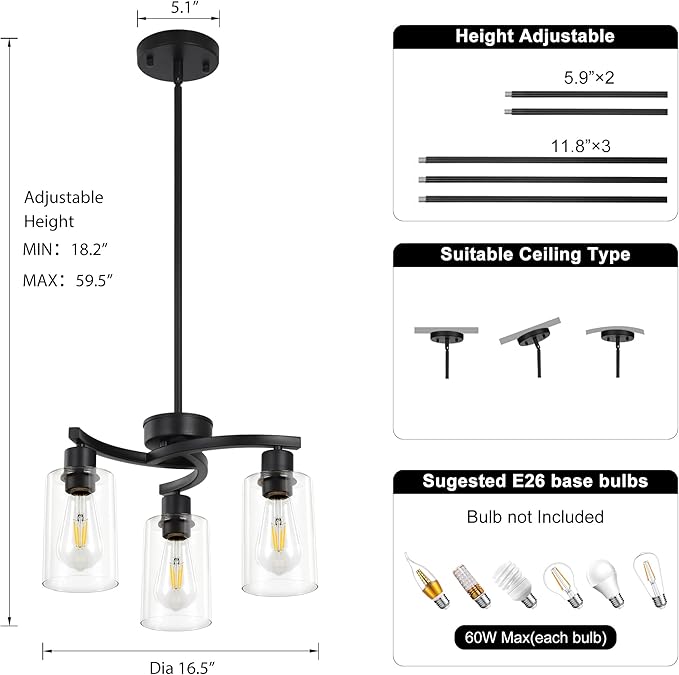 3 Light Modern Dining Chandeliers Over Table，Black Light Fixture for Dining Room，Farmhouse Chandelier with Glass Shade，Industrial Pendant Lighting for Kitchen Island，Foyer,Hallway, Bedroom