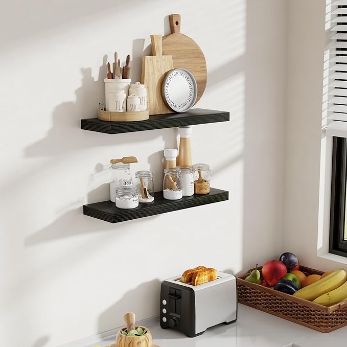 24 Inch Floating Shelves, 8 Inch Deep Floating Shelves for Wall, Hanging Shelf with Invisible Brackets, Deep Shelves for Bathroom, Bedroom, Living Room, Black, Set of 2