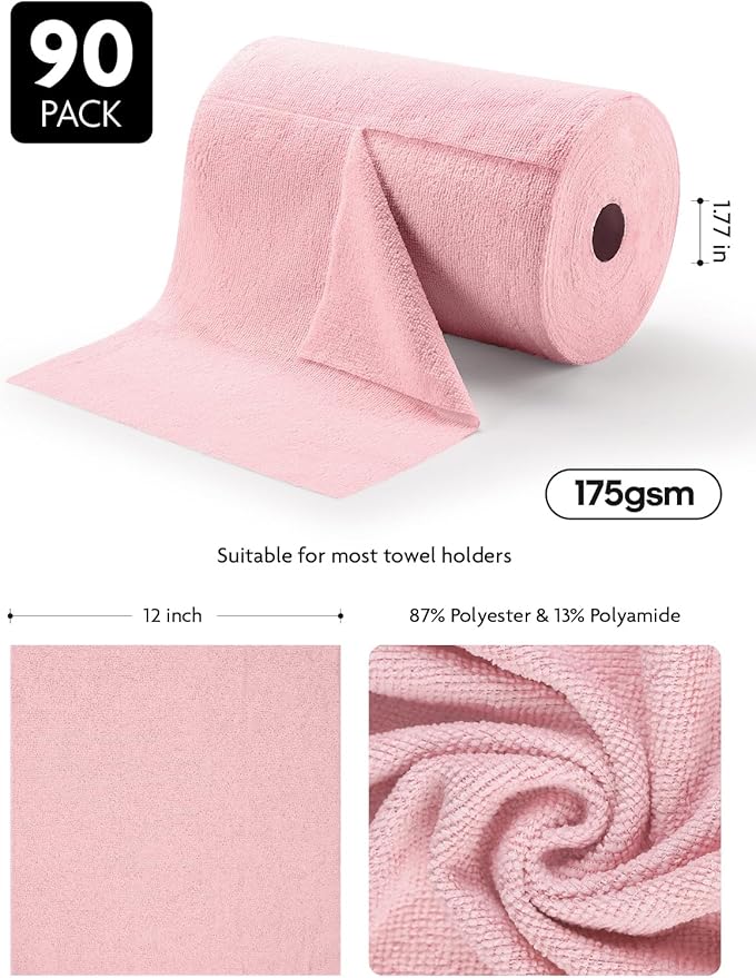 Fantasticlean Microfiber Cleaning Cloth Roll -90 Pack, Tear Away Microfiber Towels, 12" x 12", Reusable, Washable, Scratch Free, Ultra Absorbent Dish Rags for Car, Home, Garage or Shop (Pink)