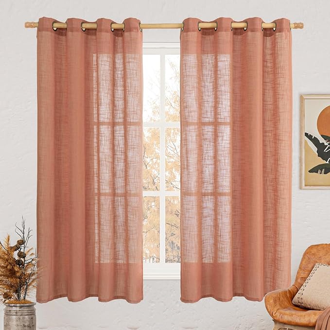 LAMIT Terracotta Linen Curtains 63 inch Length 2 Panels for Living Room, Bronze Grommet Soft Semi Sheer Light Filtering Window Treatments Neutral Fall Decor Drapes for Bedroom, 52 x 63 Inch