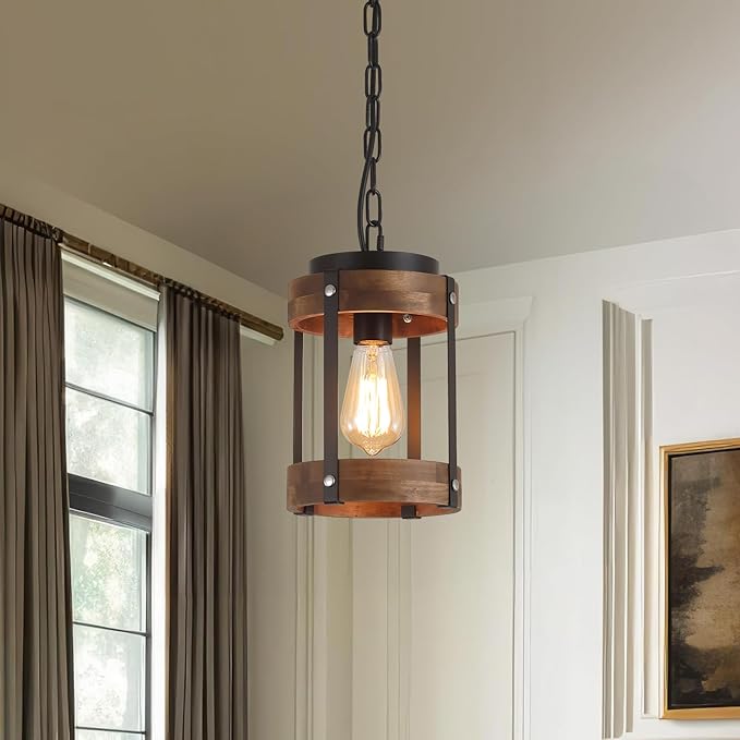 Rustic Farmhouse Wood Pendant Light Fixture One-Light Adjustable Chain Oak Wood and Metal Lantern Drum Small Pendant Lighting for Kitchen Island Sink Hallway Farmhouse Bathroom Bar, Black