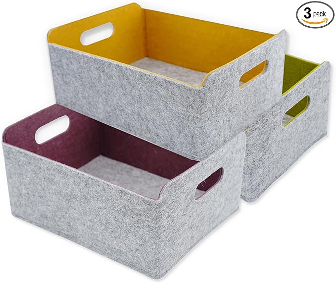 Welaxy Storage Baskets Collapsible Felt Storage bin Foldable Shelf Drawers Organizers for Kids Pet Toys magazine Books Clothes Closet Cabinet decluttering (Curry +Moss green + Wild berry)