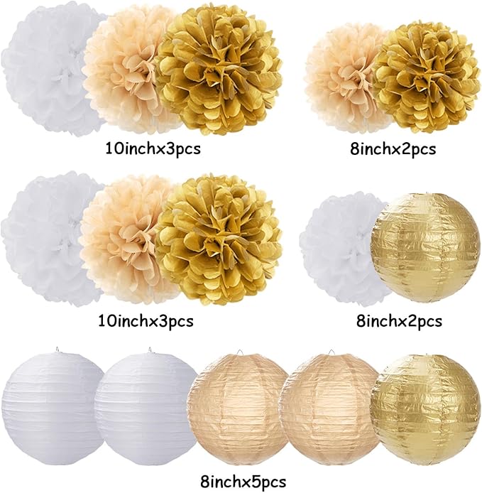 White Gold Party-Decorations Paper Flowers Lanterns - 15PCS Engagement Birthday Graduation Wedding Tissue Pom Poms Streamers,Neutral Bachelorette Baby Bridal Shower Hanging Supplies Decor Hugfond