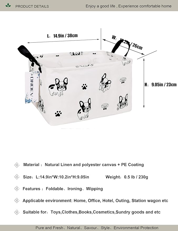 Rectangular Fabric storage box, decorative basket and finishing basket with handle are used for the storage of clothes, books and sundries (Bulldog) 14.9’’L ×10.2’’W×9.05’’H inches