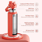 Insulated Water Bottle with Straw Stainless Steel Water Bottle, Leak-Proof, BPA-Free, Double Wall Vacuum Keeps Cold for 24 Hours for Sports, Travel, School (32 oz, Tawny Orange)