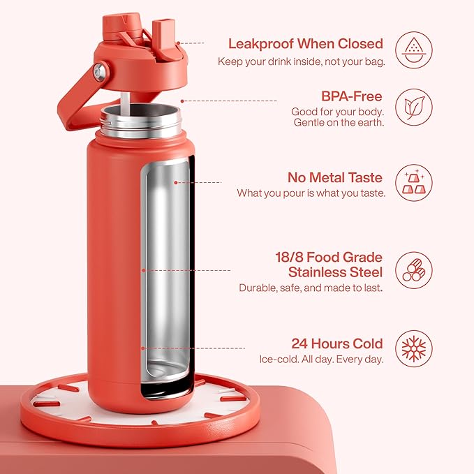Insulated Water Bottle with Straw Stainless Steel Water Bottle, Leak-Proof, BPA-Free, Double Wall Vacuum Keeps Cold for 24 Hours for Sports, Travel, School (32 oz, Tawny Orange)