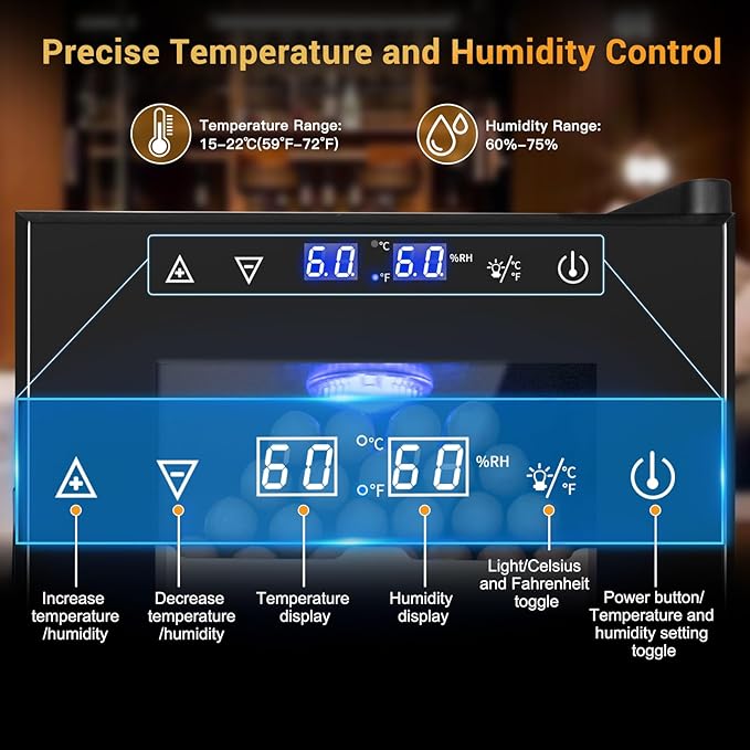 Electric Humidor for Cigars, 35L 250 Counts Large Capacity Thermostatic Desktop Humidor Cabinet with Digital LED Screen, Safety Lock,Smart Humidity & Temp Control, Gifts for Men