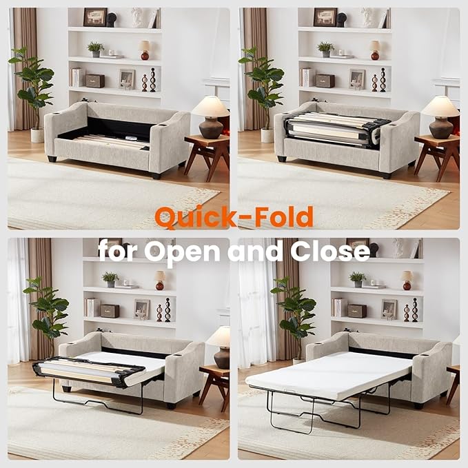 CHIC HOUSE Pull Out Sofa Bed, Full Size Sleeper Sofa, 2-in-1 Convertible Corduroy Couch with USB Charging, Memory Form Couch for Living Room, Apartment and Small Space (Beige, Corduroy - Full Size)